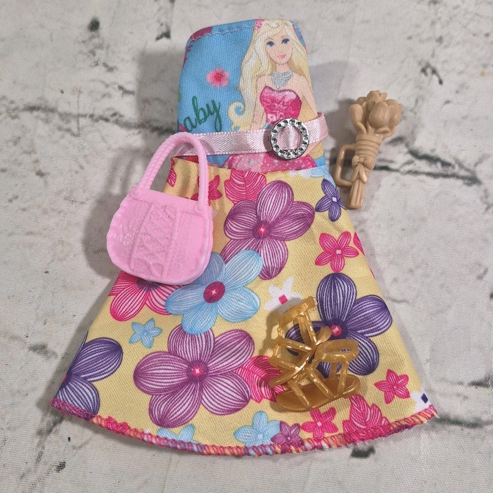 Barbie Doll Clothes Lot Replacement Spring Dress Pink Purse Flowers Gold Sandals